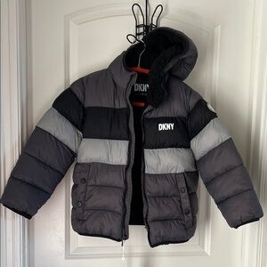 DKNY Gray and Black Hooded Puffer Jacket